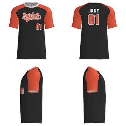 Classic Color‑Block Baseball Jersey with Modern Script – Black / Orange / White