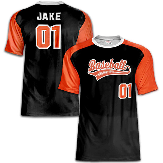 Classic Color‑Block Baseball Jersey with Modern Script – Black / Orange / White