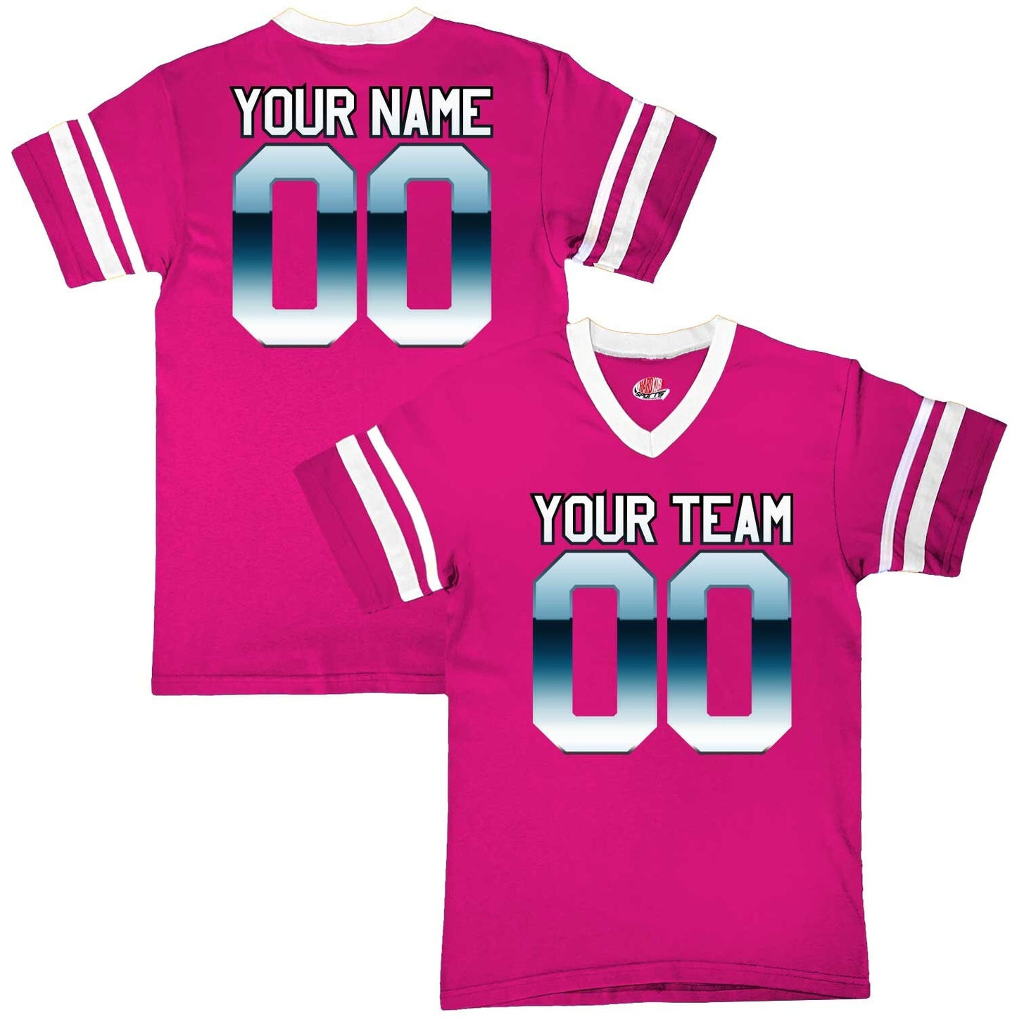 Stripe Sleeve Fan Wear Custom Football Jerseys with Chrome Print Design - includes Team Name, Player Name, Front and Back Player Number.