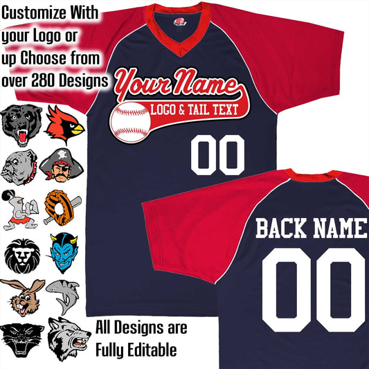 Navy Blue, Scarlet Red and White Personalized Baseball Jersey with Your Team, Player Name and Numbers Custom Baseball Logo