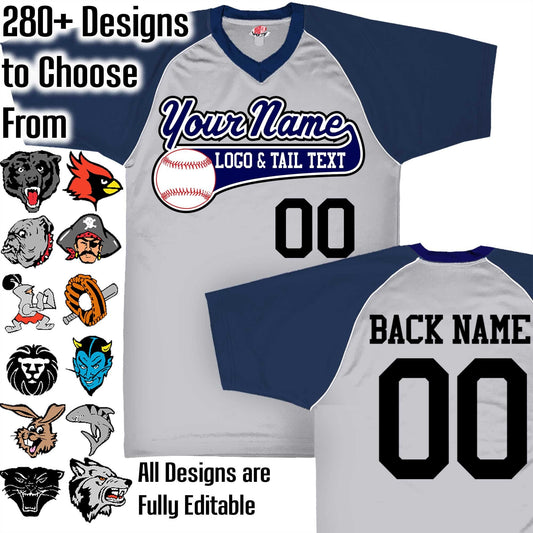 Silver Grey, Navy Blue and White Customizable Baseball Jersey with Your Team, Player Name and Numbers Custom Baseball Logo