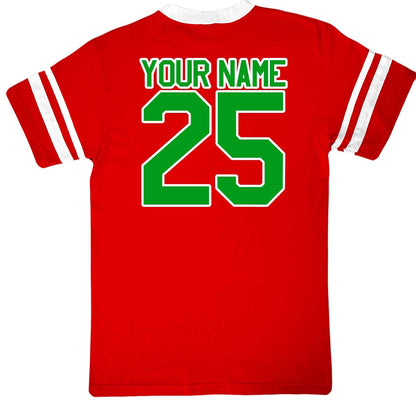 Red Christmas Football Jersey Santa Claus December 25 X-Mas or Kringle Personalized With Your Numbers and Name on the Back