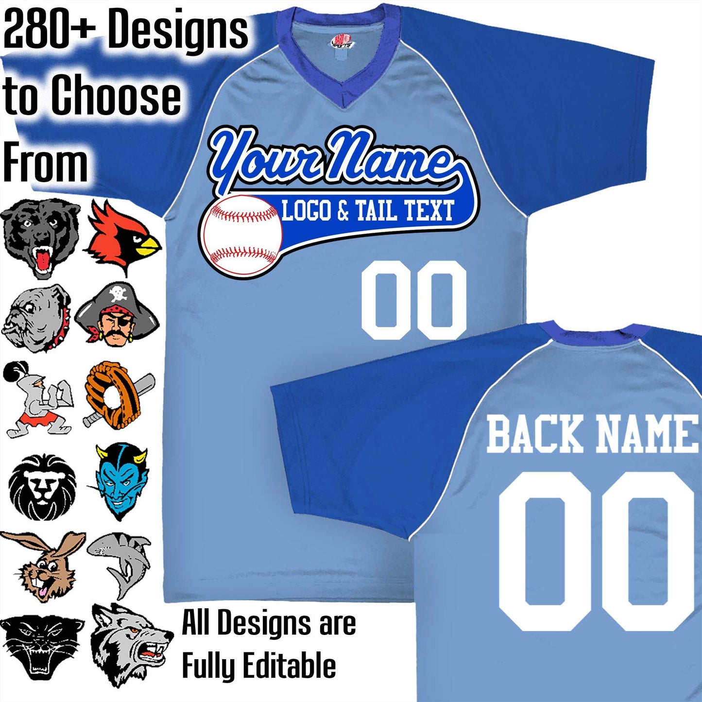 Light Blue, Royal Blue and White Custom Baseball Jersey with Your Team, Player Name and Numbers Custom Baseball Logo