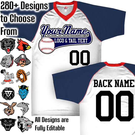 White, Navy Blue and Scarlet Red Custom Baseball Jersey with Your Team, Player Name and Numbers Custom Baseball Logo