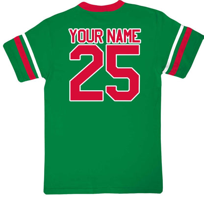 Green Christmas Football Jersey Santa Claus December 25 X-Mas or Kringle Personalized With Your Numbers and Name on the Back