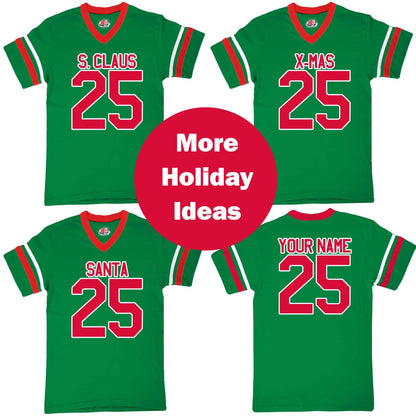Green Christmas Football Jersey Santa Claus December 25 X-Mas or Kringle Personalized With Your Numbers and Name on the Back