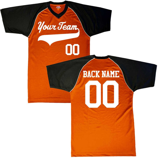 V-Neck Customized Baseball Jersey 2 Color Trim | Orange, Black, Grey, Light Blue, Vegas Gold, White or Green | Team, Player Name, Numbers
