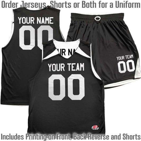 Black, Charcoal, White Reversible Custom Basketball Uniform | Lightweight Shoulder Wedge Jersey with Team Name, Player Name and Numbers