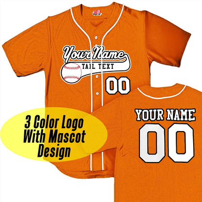 Custom Orange Baseball Jersey with White Piping. Personalized with Your Team as a Baseball Logo, Player Name and Numbers