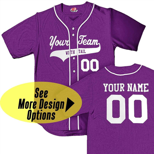 Custom Purple Baseball Jersey with White Piping | Customized Team Logo Graphic | Full Button Down | Player Name and Numbers