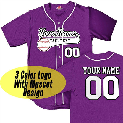 Custom Purple Baseball Jersey with White Piping | Customized Team Logo Graphic | Full Button Down | Player Name and Numbers