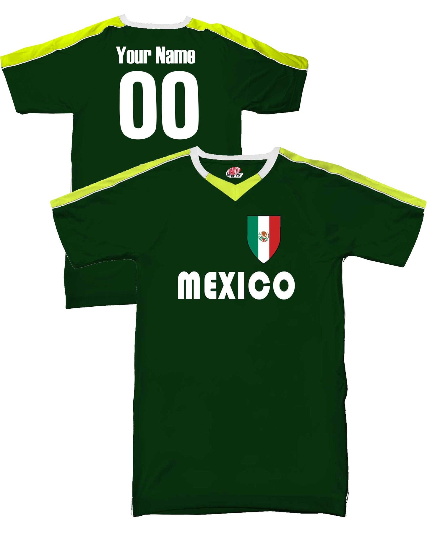 Custom Mexico Soccer Jersey with Mexican Flag Shield Design | Personalized with Your Name and Number in Your choice of colors