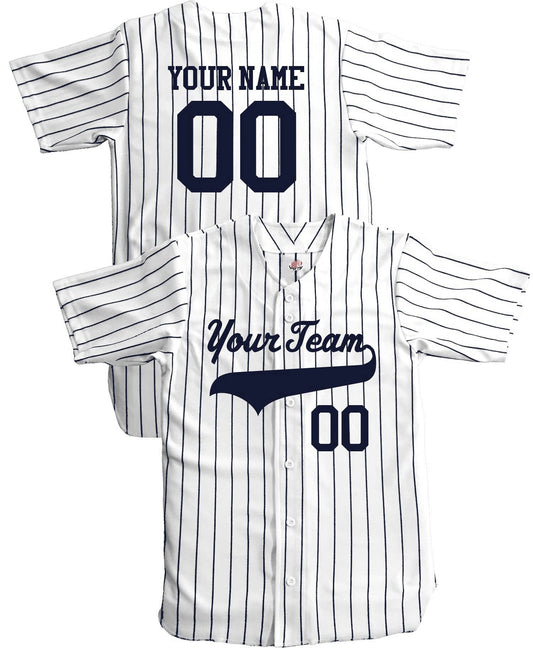 Custom Pinstriped Baseball Jersey| Full Button Down, White with VERY DARK Navy Blue Pinstripes Personalized Jersey with Team, Player, Number