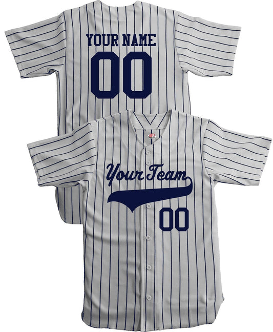 Personalized Pinstriped Baseball Jersey| Full Button Down, Grey with VERY Navy Blue Pinstripes Personalized Jersey w/Team, Player, Numbers