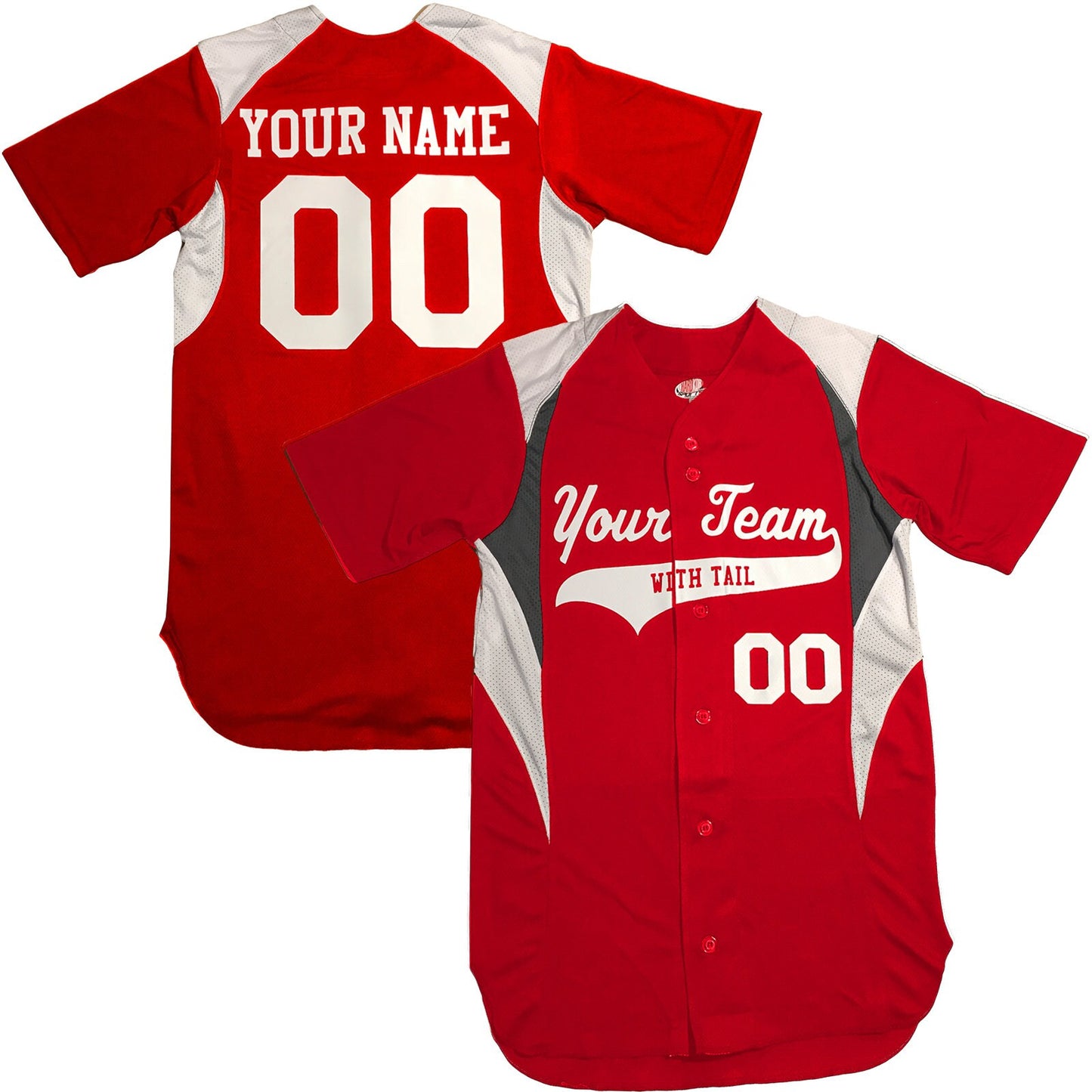 Custom 3 Color Baseball Jersey | Forest Green, Purple, Red, Orange, Black & White with 2 color Trim Personalized with your names and numbers