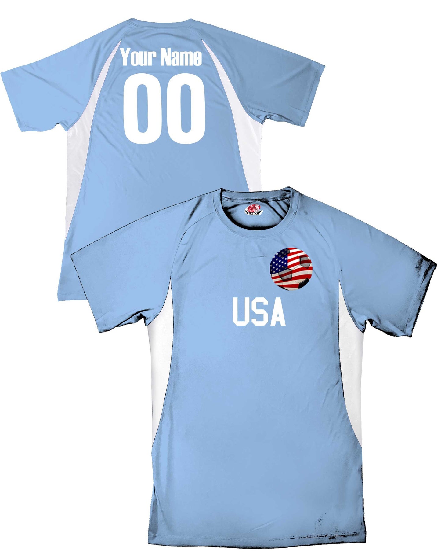 Personalized USA Soccer Jersey with Soccer Ball Design Personalized with Your Names and Numbers in Your choice of Popular Colors