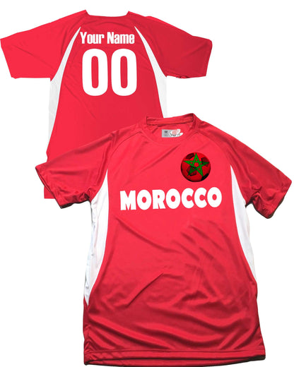 Morocco Soccer Jersey, Moroccan Flag Soccer Ball Design, Customized with Your Names and Numbers in Your choice of Popular Colors