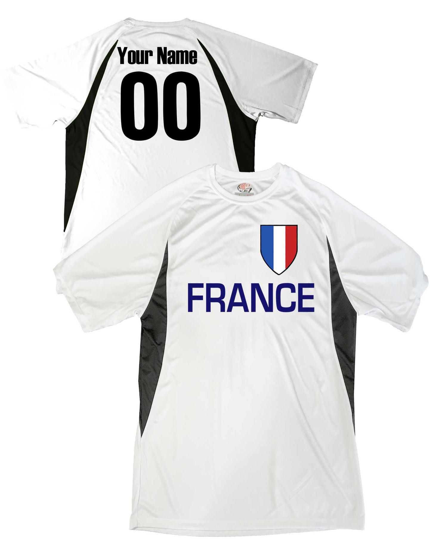 France Soccer Jersey, French Flag Soccer Shield Design, Customized with Your Names and Numbers in Your choice of Popular Colors