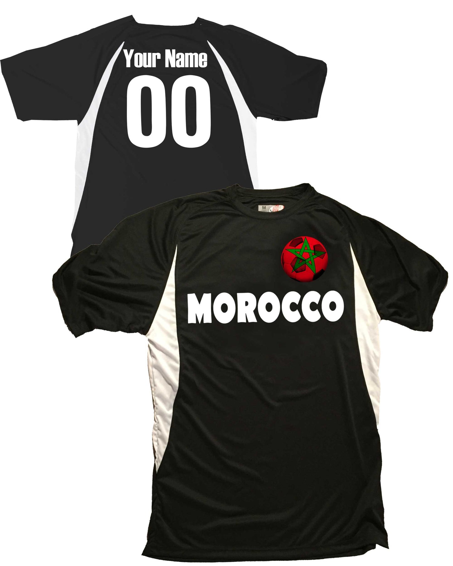 Morocco Soccer Jersey, Moroccan Flag Soccer Ball Design, Customized with Your Names and Numbers in Your choice of Popular Colors