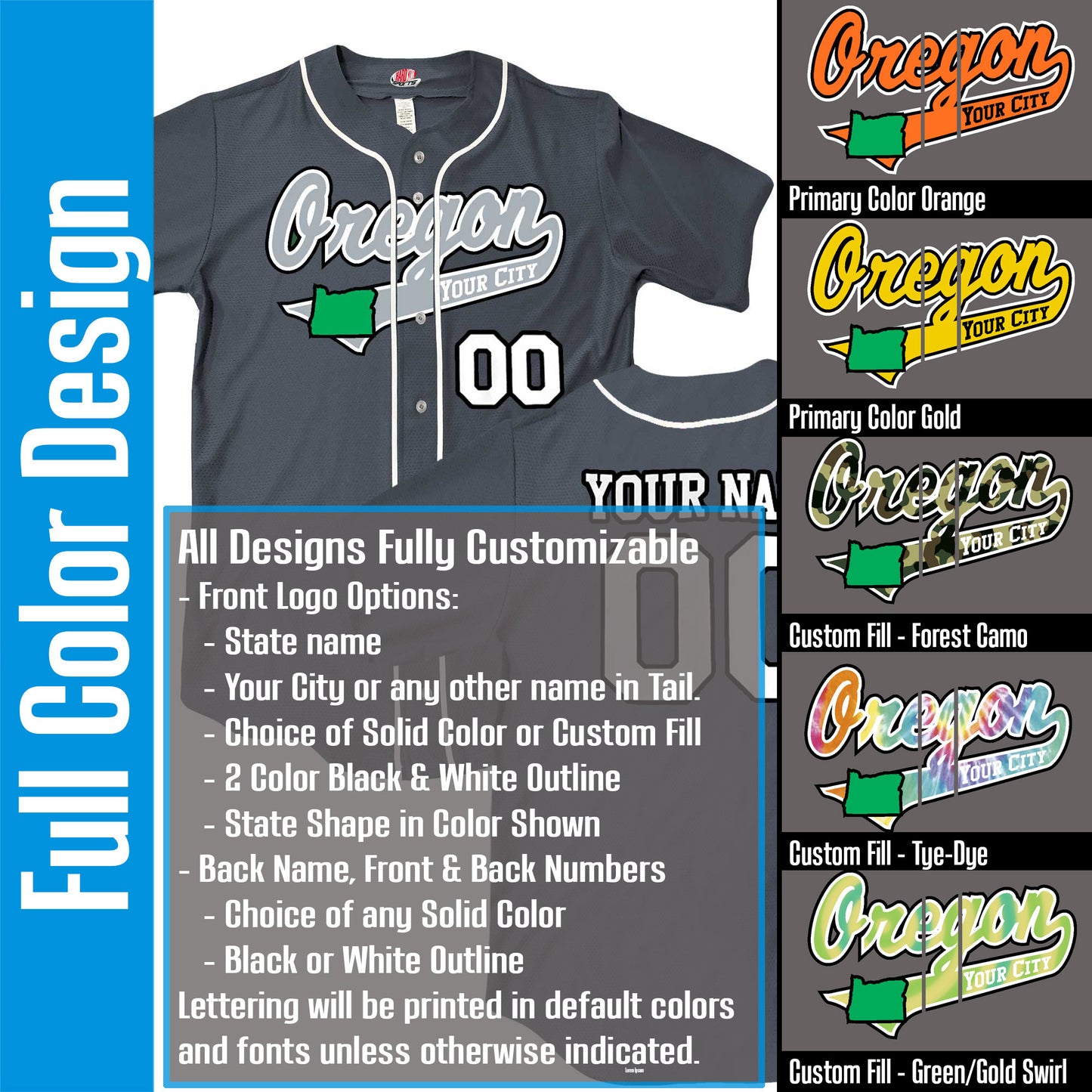 Custom Oregon Baseball Jersey, Dark Green or Graphite Grey, Personalized with Your City, Your Name and Numbers, Choice of Print Options