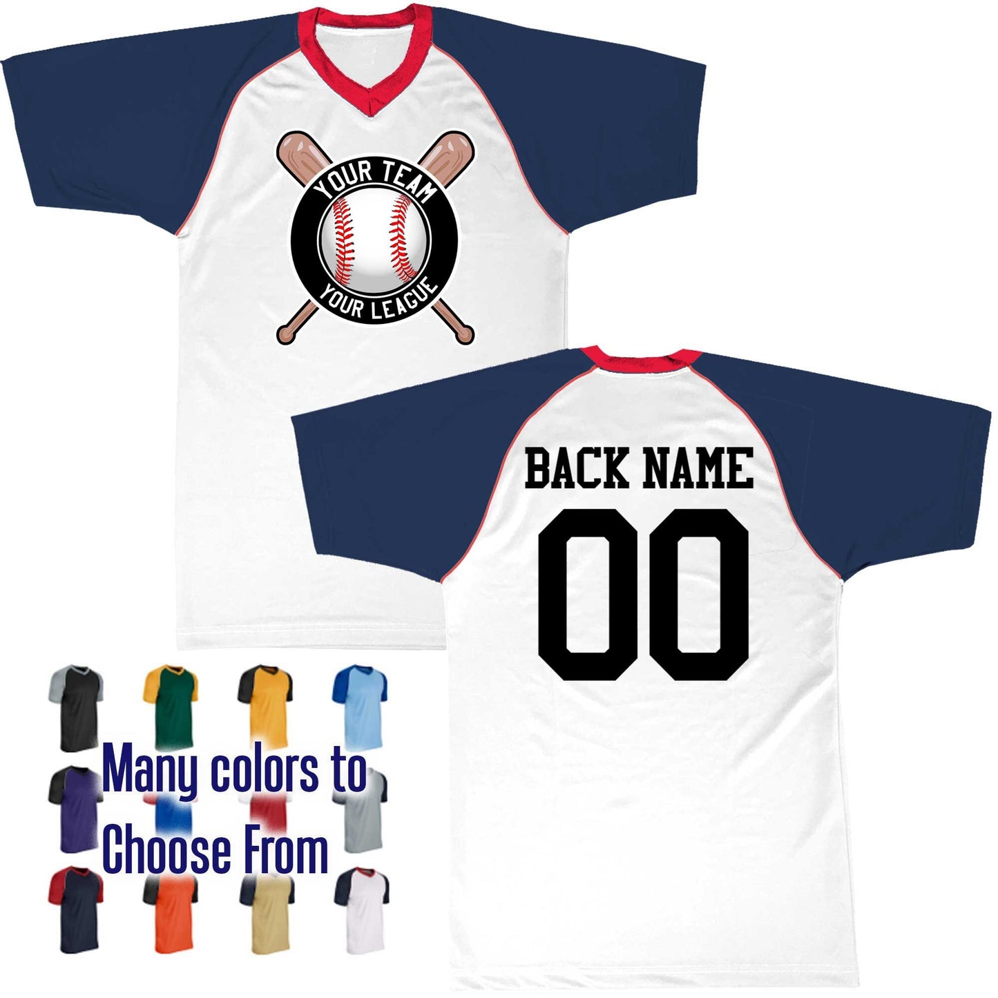 Baseball Circle Text Logo V-Neck Custom Baseball Jersey Customized with Your Team as a logo, Player Names Numbers, Economical Printed in USA