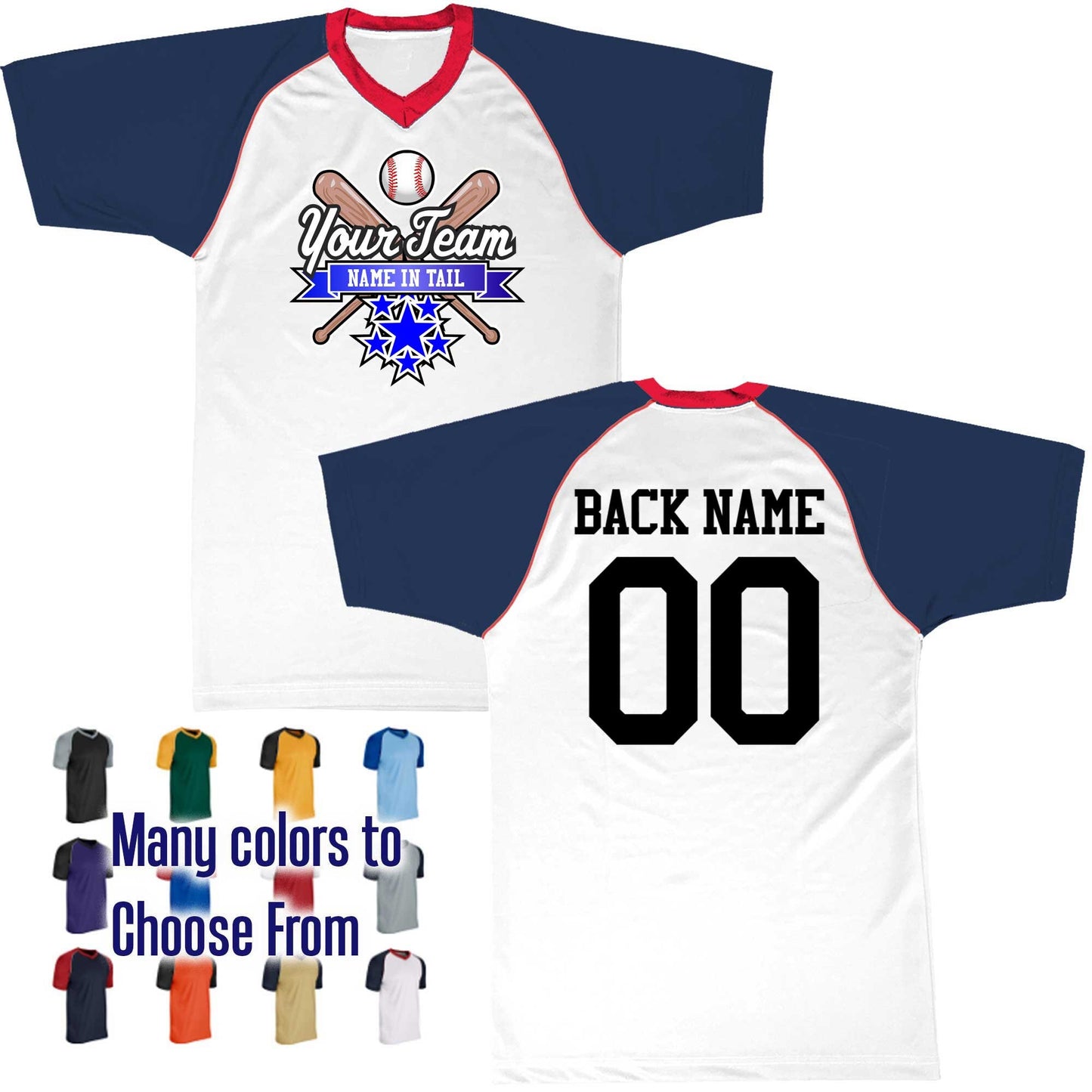 All Star Ribbon Bats Crossed Ball Logo V-Neck Custom Baseball Jersey Customized, Player Names and Numbers, Economical Printed in USA