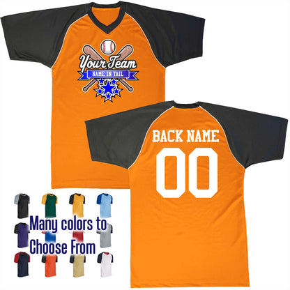 All Star Ribbon Bats Crossed Ball Logo V-Neck Custom Baseball Jersey Customized, Player Names and Numbers, Economical Printed in USA