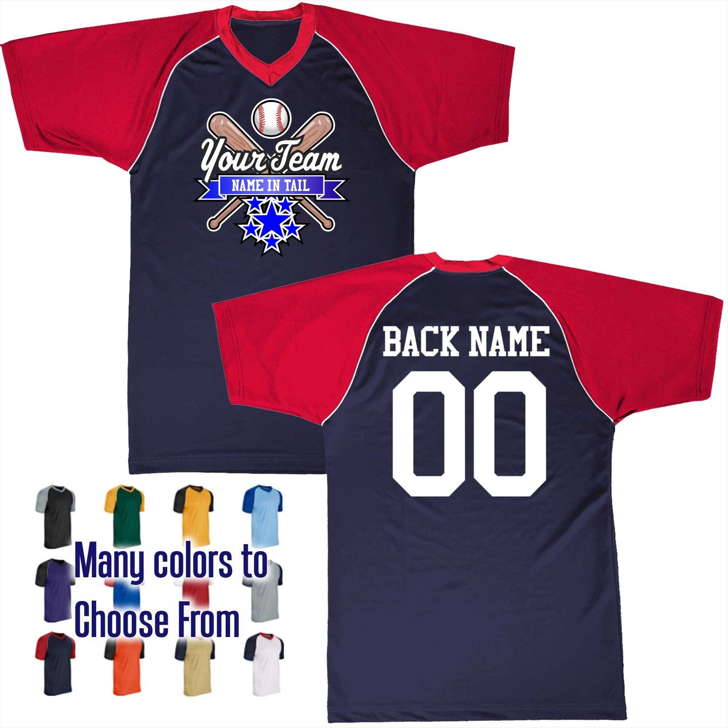 All Star Ribbon Bats Crossed Ball Logo V-Neck Custom Baseball Jersey Customized, Player Names and Numbers, Economical Printed in USA