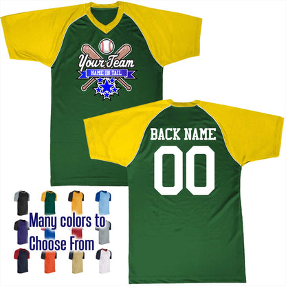 All Star Ribbon Bats Crossed Ball Logo V-Neck Custom Baseball Jersey Customized, Player Names and Numbers, Economical Printed in USA