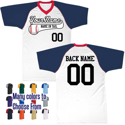 Name in Tail Color Baseball Text Logo V-Neck Custom Baseball Jersey Customized, Player Names and Numbers, Economical Printed in USA