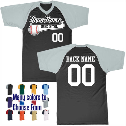 Name in Tail Color Baseball Text Logo V-Neck Custom Baseball Jersey Customized, Player Names and Numbers, Economical Printed in USA