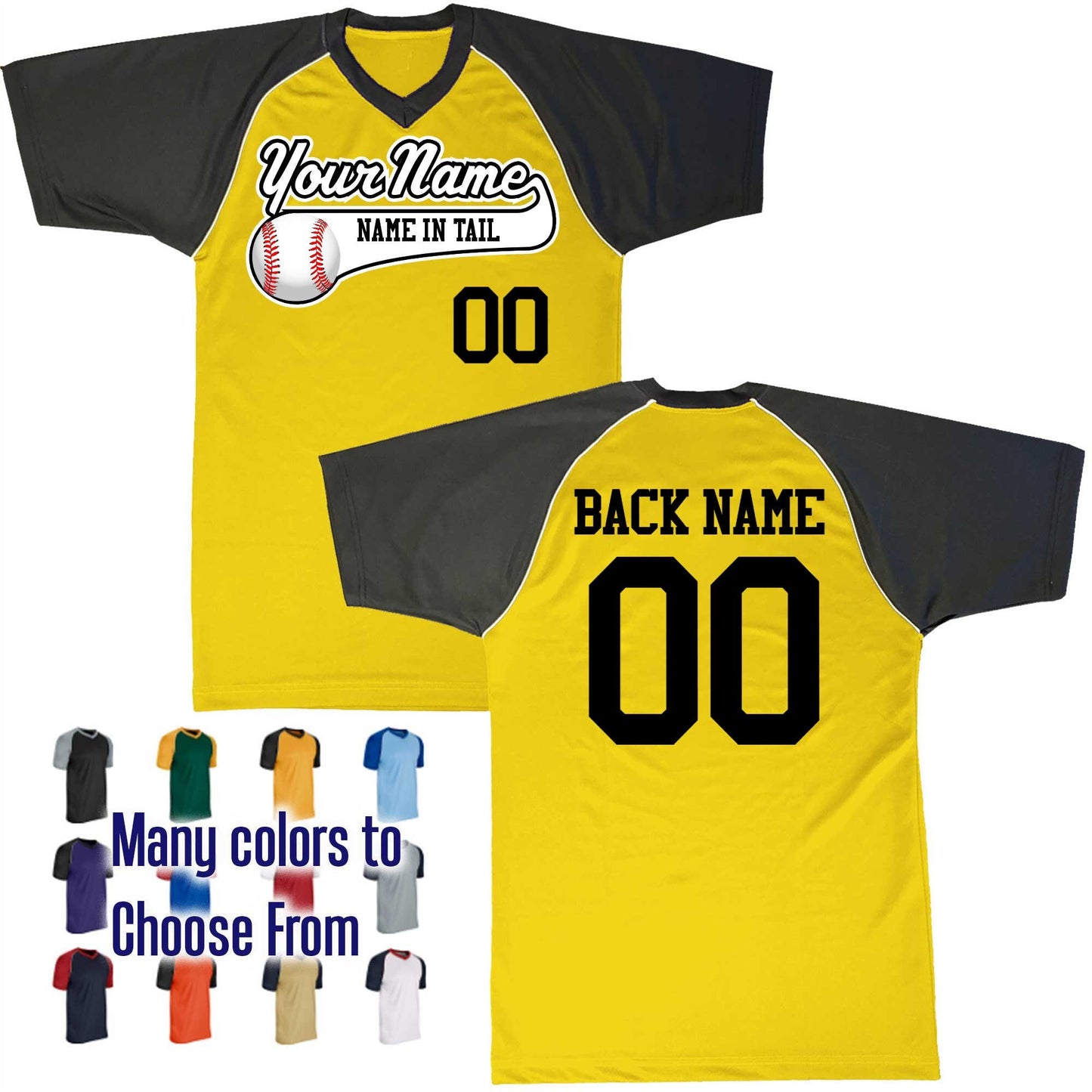 Name in Tail Color Baseball Text Logo V-Neck Custom Baseball Jersey Customized, Player Names and Numbers, Economical Printed in USA