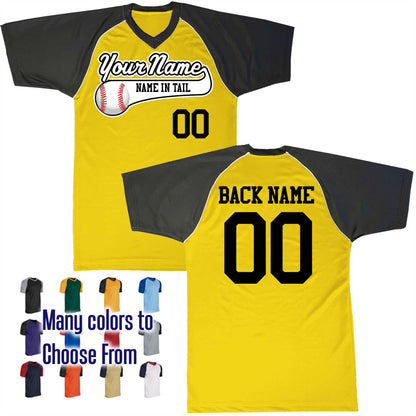 Name in Tail Color Baseball Text Logo V-Neck Custom Baseball Jersey Customized, Player Names and Numbers, Economical Printed in USA