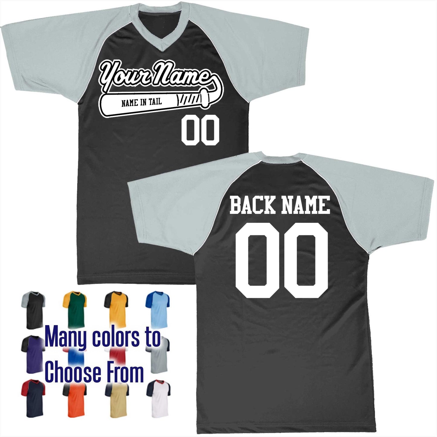 Name in Tail Baseball Bat Logo V-Neck Custom Baseball Jersey Customized, Player Names and Numbers, Economical Printed in USA