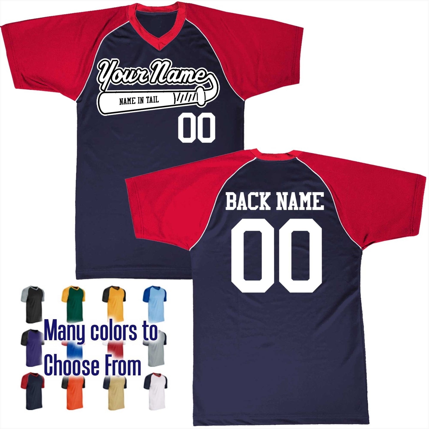 Name in Tail Baseball Bat Logo V-Neck Custom Baseball Jersey Customized, Player Names and Numbers, Economical Printed in USA