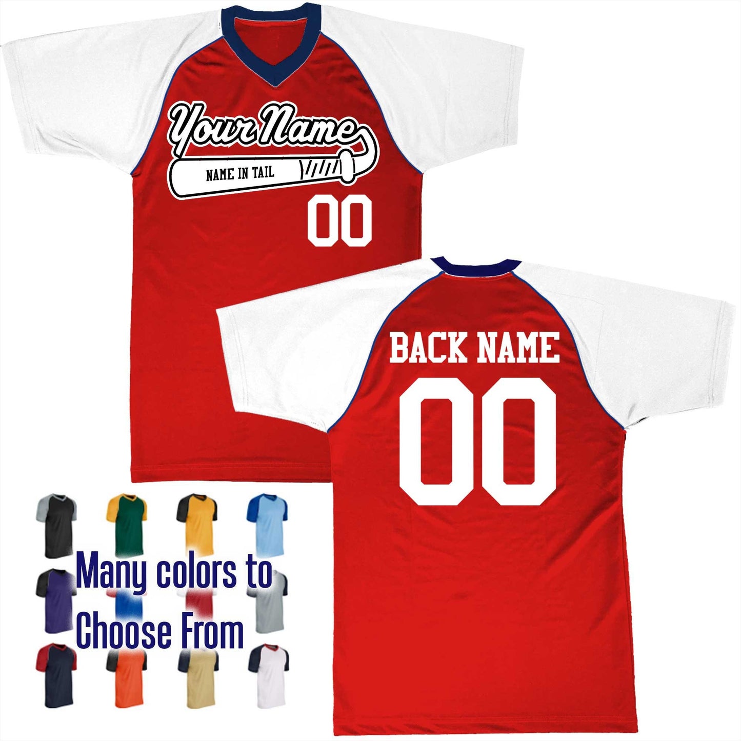 Name in Tail Baseball Bat Logo V-Neck Custom Baseball Jersey Customized, Player Names and Numbers, Economical Printed in USA