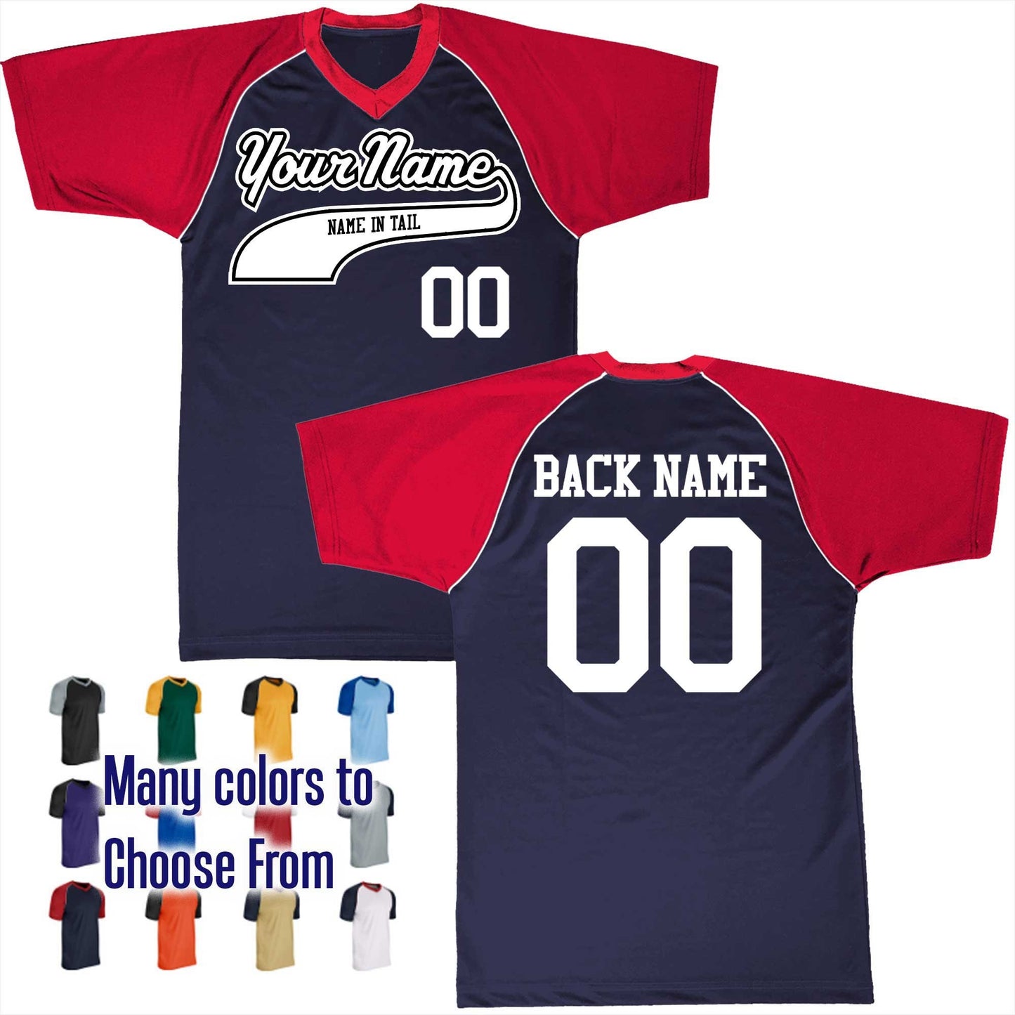 Name in Flat Bottom Tail Baseball Logo V-Neck Custom Baseball Jersey Customized, Player Names and Numbers, Economical Printed in USA