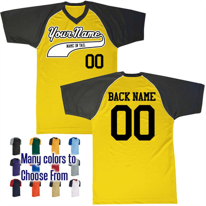 Name in Flat Bottom Tail Baseball Logo V-Neck Custom Baseball Jersey Customized, Player Names and Numbers, Economical Printed in USA