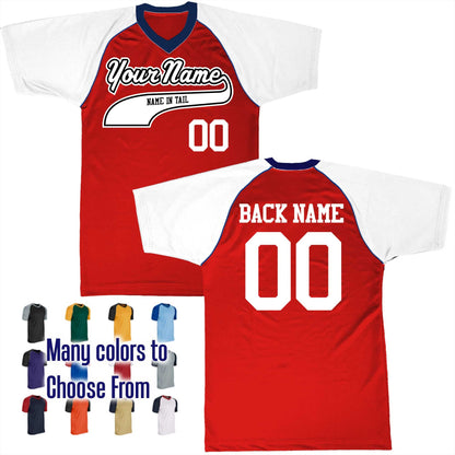 Name in Flat Bottom Tail Baseball Logo V-Neck Custom Baseball Jersey Customized, Player Names and Numbers, Economical Printed in USA