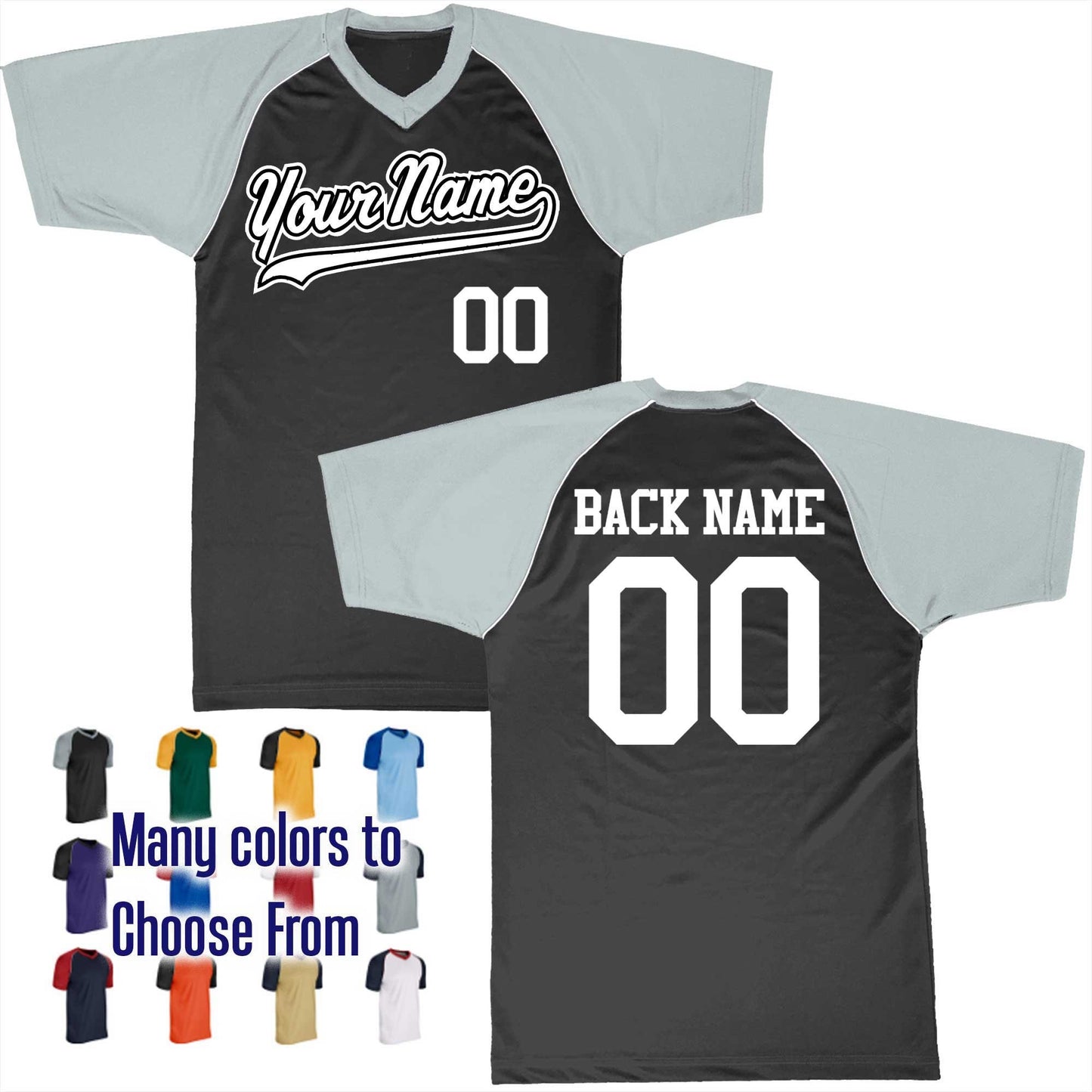 Baseball Script Thin Tail Baseball Logo V-Neck Custom Baseball Jersey Customized, Player Names and Numbers, Economical Printed in USA