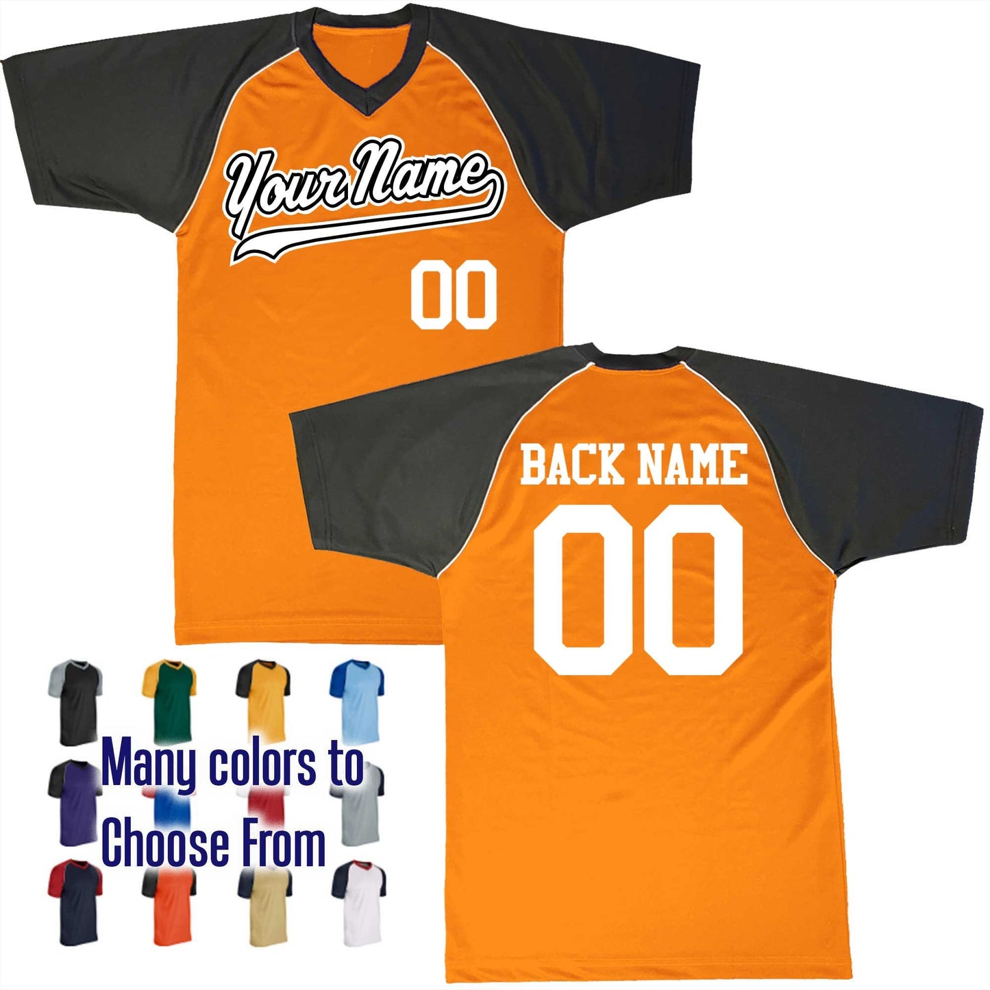 Baseball Script Thin Tail Baseball Logo V-Neck Custom Baseball Jersey Customized, Player Names and Numbers, Economical Printed in USA