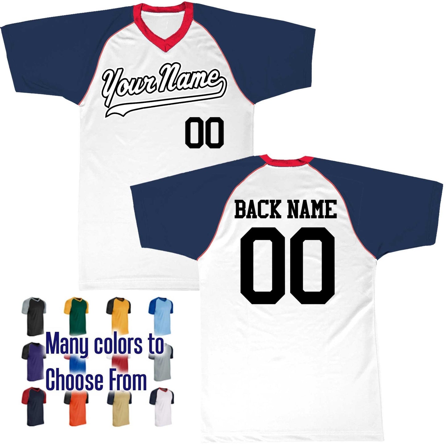 Baseball Script Thin Tail Baseball Logo V-Neck Custom Baseball Jersey Customized, Player Names and Numbers, Economical Printed in USA