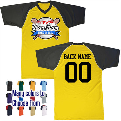 Baseball All Star Ribbon Bat Ball  Logo V-Neck Custom Baseball Jersey Customized, Player Names and Numbers, Economical Printed in USA