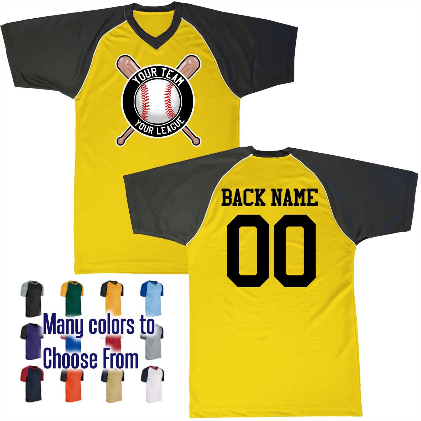 Baseball Circle Text Logo V-Neck Custom Baseball Jersey Customized with Your Team as a logo, Player Names Numbers, Economical Printed in USA