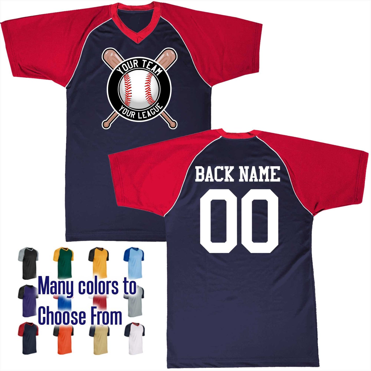 Baseball Circle Text Logo V-Neck Custom Baseball Jersey Customized with Your Team as a logo, Player Names Numbers, Economical Printed in USA