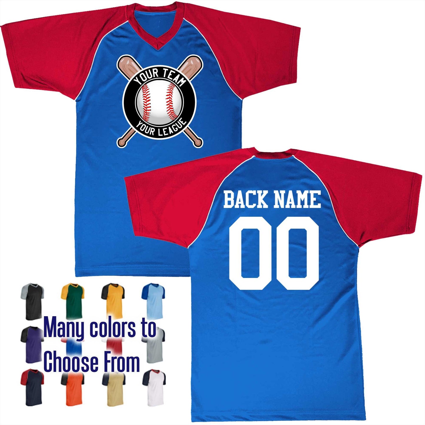 Baseball Circle Text Logo V-Neck Custom Baseball Jersey Customized with Your Team as a logo, Player Names Numbers, Economical Printed in USA