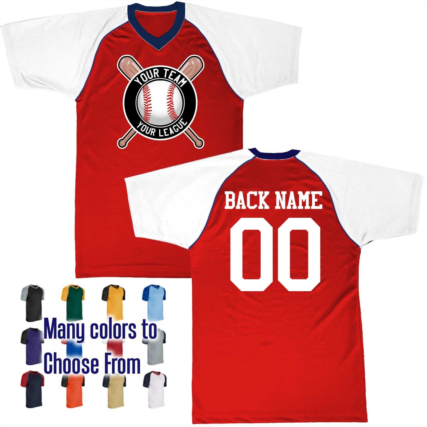 Baseball Circle Text Logo V-Neck Custom Baseball Jersey Customized with Your Team as a logo, Player Names Numbers, Economical Printed in USA