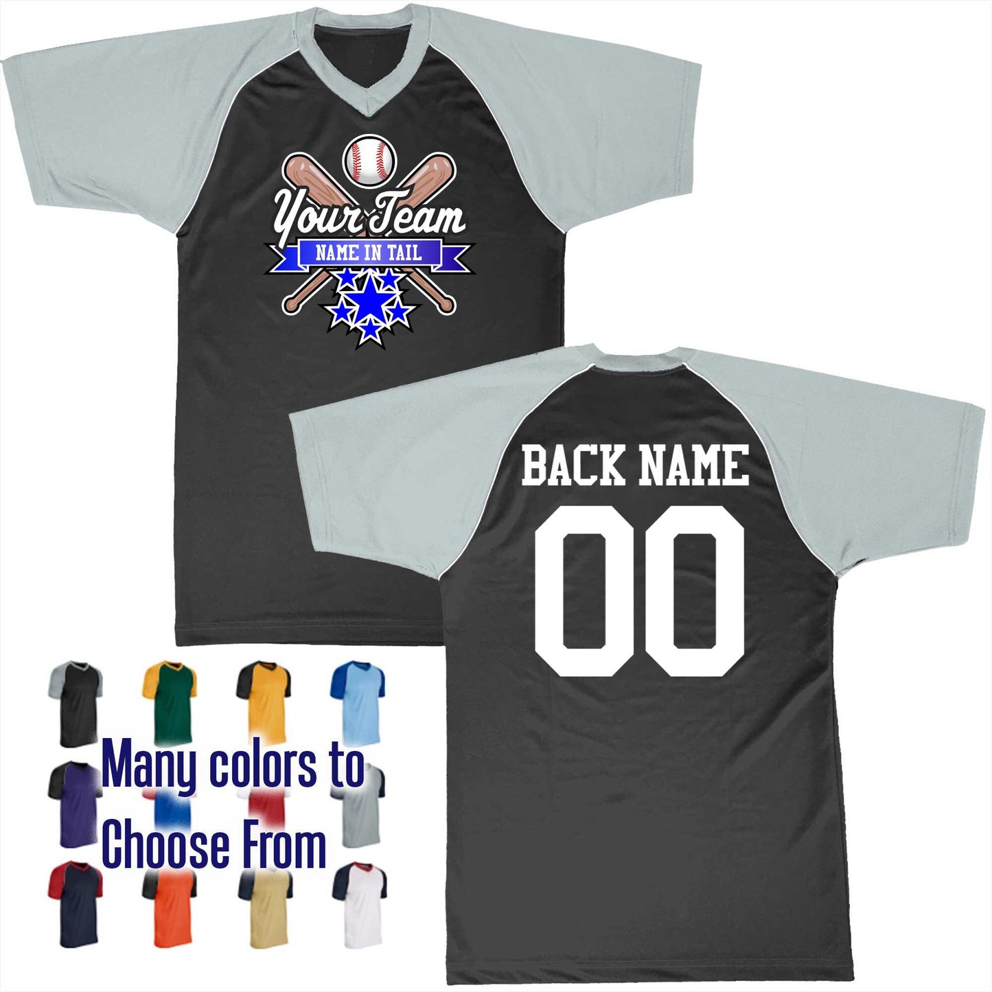 All Star Ribbon Bats Crossed Ball Logo V-Neck Custom Baseball Jersey Customized, Player Names and Numbers, Economical Printed in USA