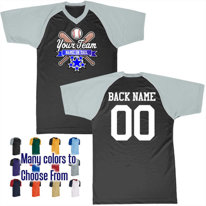 All Star Ribbon Bats Crossed Ball Logo V-Neck Custom Baseball Jersey Customized, Player Names and Numbers, Economical Printed in USA