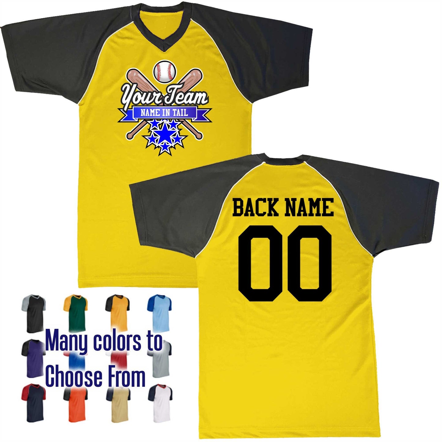 All Star Ribbon Bats Crossed Ball Logo V-Neck Custom Baseball Jersey Customized, Player Names and Numbers, Economical Printed in USA